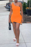 Orange Fashion Sexy Solid Bandage Backless One-Shoulder-Sleeveless Dress Kleider