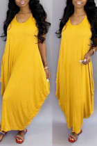 Желтые повседневные однотонные лоскутные платья с U-образным вырезом Длинные платья Платья