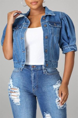 Deep Blue Fashion Casual Solid Patchwork Knotted Turndown Collar Puff Sleeve Regular Cropped Denim Jacket