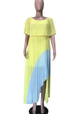 Yellow Sexy Print Patchwork Fold Asymmetrical Off the Shoulder Straight Dresses