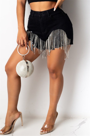 Black Fashion Casual Solid Tassel Patchwork High Waist Regular Denim Shorts
