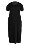 Schwarzes, modisches, lässiges Kleid in Übergröße mit festem V-Ausschnitt und kurzen Ärmeln