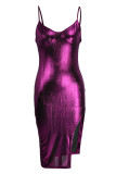 Purple Fashion Sexy Solid Backless Slit Spaghetti Strap Sleeveless Dress Dresses