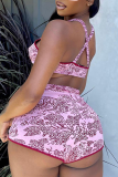 Rosa sexy estampado patchwork halter sin mangas dos piezas