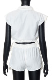 White Sexy Solid Patchwork Buckle Turndown Collar Two Pieces