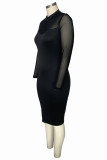 Vestidos de talla grande de manga larga con cuello en O transparentes de retazos sólidos sexy de moda negra