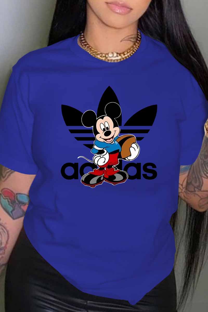 

Blue Fashion Street Character Print Patchwork Letter O Neck T-Shirts