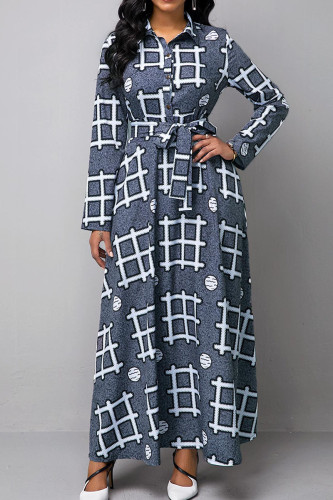 Vestidos de cuello vuelto con hebilla de patchwork con estampado informal gris
