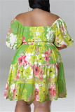 Green Fashion Casual Print Patchwork Backless Off the Shoulder Plus Size Dresses