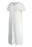 Белое модное повседневное платье больших размеров с однотонным карманом и V-образным вырезом с коротким рукавом
