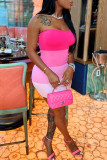 ピンクのセクシーなプリントパッチワークストラップレスペンシルスカートドレス