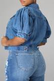 Veste en jean bleu clair mode casual solide patchwork noué col rabattu manches courtes