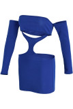 Azul sexy sólido ahuecado hacia fuera patchwork fuera del hombro lápiz falda vestidos
