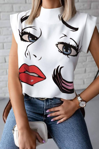 White Red Casual Print Patchwork O Neck T-Shirts