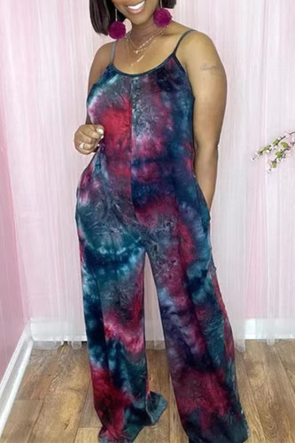 Purple Fashion Casual Print Tie-dye Backless Spaghetti Strap Regular Jumpsuits