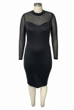 Schwarze Mode Sexy Solid Patchwork Durchsichtige O-Ausschnitt Langarm Kleider in Übergröße