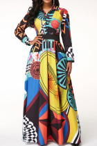 Цветные повседневные платья с отложным воротником и пряжкой в ​​стиле пэчворк с принтом