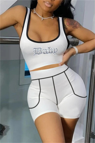 White Fashion Casual Letter Hot Drilling Patchwork U Neck Sleeveless Two Pieces