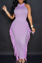 Фиолетовое модное повседневное сплошное платье с кисточками в стиле пэчворк и круглым вырезом без рукавов