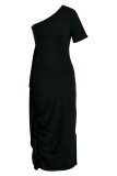 黒のエレガントなソリッドパッチワークフラウンスフォールド斜めカラードレス