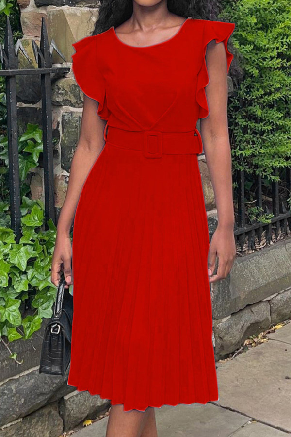 Rode casual effen patchwork plooi gevouwen rechte jurken met ronde hals