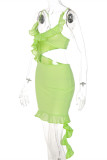 Зеленое модное сексуальное однотонное лоскутное платье без рукавов с открытой спиной и бретельками