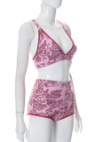Pink Sexy Print Patchwork Halter Sleeveless Two Pieces