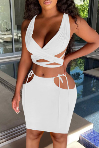 White Fashion Sexy Solid Hollowed Out Backless Cross Straps V Neck Sleeveless Two Pieces