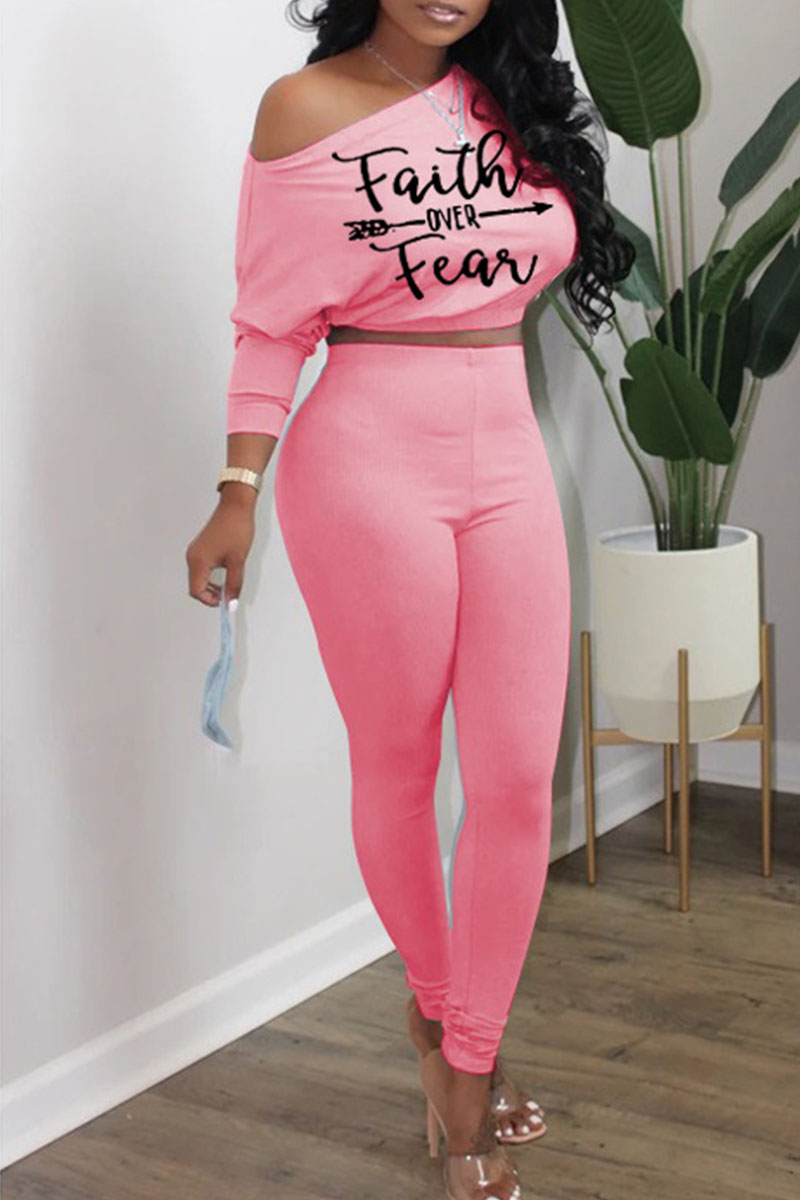 

Pink Casual Print Patchwork Oblique Collar Long Sleeve Two Pieces