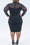 Schwarze Mode Sexy Solid Patchwork Durchsichtige O-Ausschnitt Langarm Kleider in Übergröße