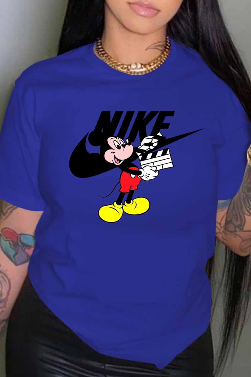 

Blue Fashion Street Character Print Patchwork Letter O Neck T-Shirts
