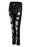 Zwarte mode casual effen gescheurde patchwork hoge taille skinny denim jeans