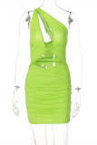 Green Fashion Sexy Solid Hollowed Out Backless One Shoulder Sleeveless Dress