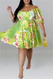 グリーンファッションカジュアルプリントパッチワークバックレスオフショルダープラスサイズドレス