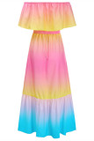 ローズレッドファッションカジュアル段階的な変更プリントバックレスオフショルダーロングドレス