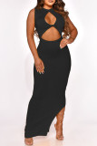 Schwarze Mode Sexy Solide Ausgehöhlter Schlitz O-Ausschnitt Ärmelloses Kleid Kleider