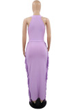 Фиолетовое модное повседневное сплошное платье с кисточками в стиле пэчворк и круглым вырезом без рукавов