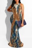 Purplish Blue Fashion Sexy Print Hollowed Out O Neck Long Dress