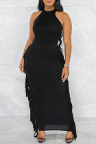 ブラックファッションカジュアルソリッドタッセルパッチワークOネックノースリーブドレス