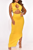 Yellow Fashion Sexy Solid Hollowed Out Slit O Neck Sleeveless Dress Dresses