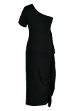 Vestidos de cuello oblicuo con pliegues de volantes de patchwork sólido elegante negro