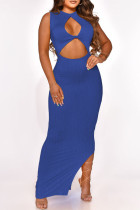 Blue Fashion Sexy Solid Hollowed Out Slit O Neck Sleeveless Dress Dresses