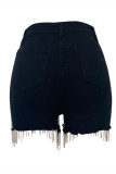 Short en jean régulier à taille haute en patchwork à pompon uni décontracté noir