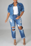 Deep Blue Fashion Casual Solid Patchwork Knotted Turndown Collar Puff Sleeve Regular Cropped Denim Jacket