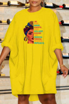 Vestidos de manga larga con cuello en O de patchwork con estampado casual amarillo