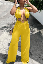 Yellow Sexy Solid Bandage Hollowed Out Patchwork Straight Jumpsuits