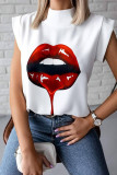 White Red Casual Print Patchwork O Neck T-Shirts