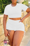 Khaki Fashion Casual Solid Draw String Fold O Neck Short Sleeve Two Pieces Crop Tops And Shorts Sets