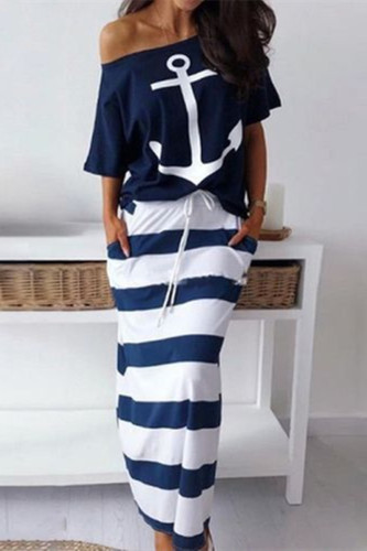 Blue Fashion Casual Print Basic Oblique Collar Half Sleeve Two Pieces