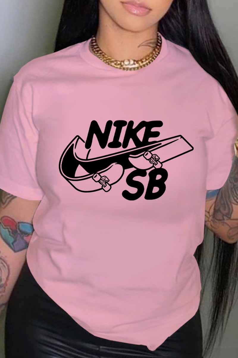 

Pink Fashion Street Print Letter O Neck T-Shirts